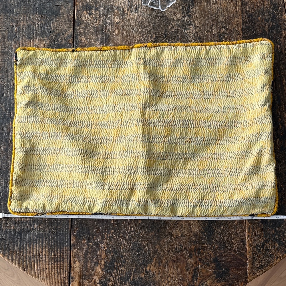 Yellow and blue vintage fabric throw pillows. Pair.